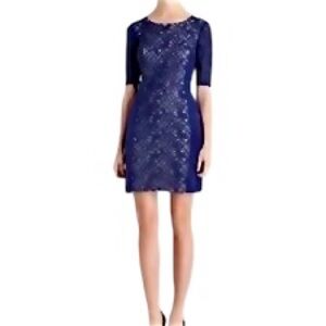Barney’s New York Blue Silk Lace Sheath Dress  Blue Short Sleeve Cocktail Dress
